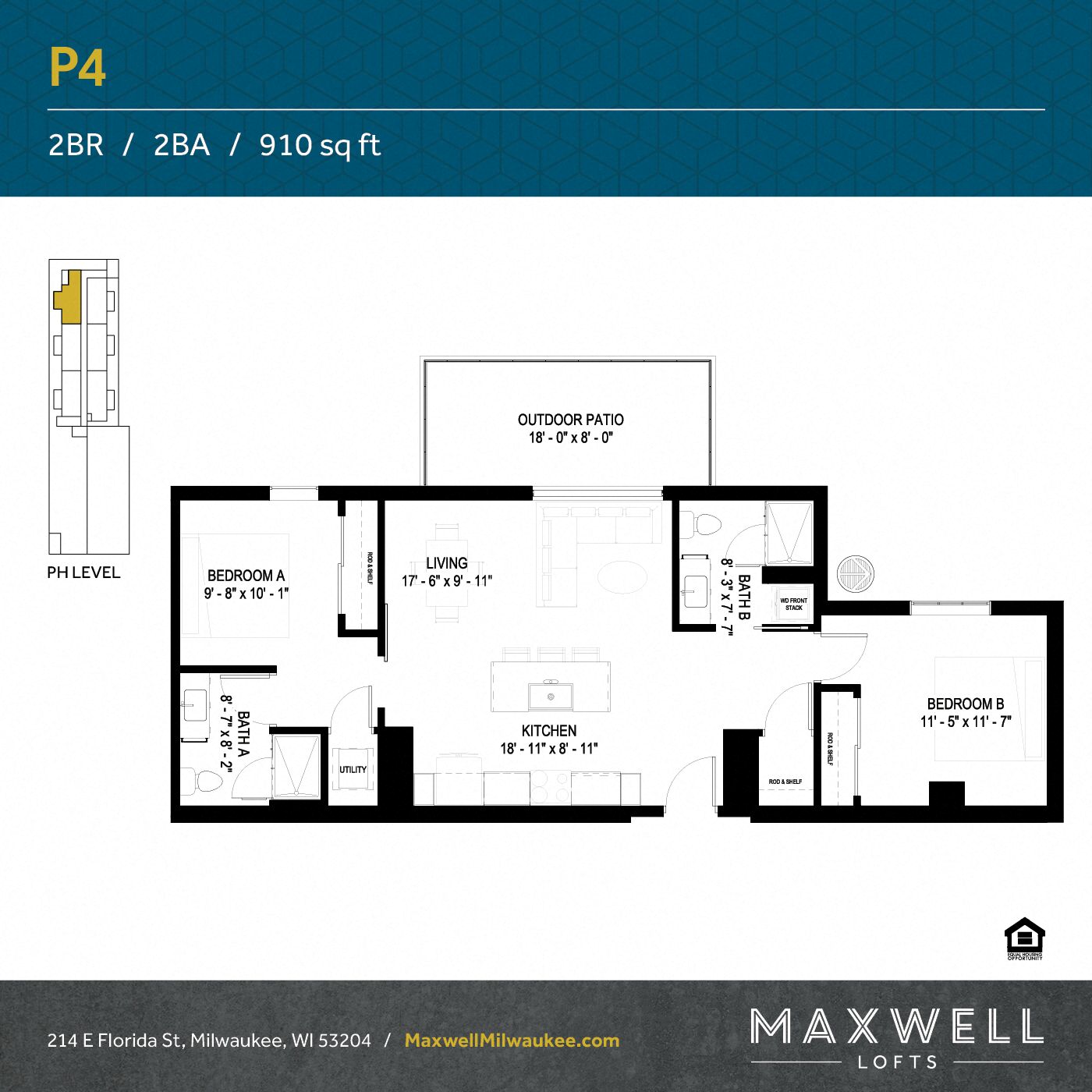 Floor plan for 2 beds, 2 baths, 1096 sqft